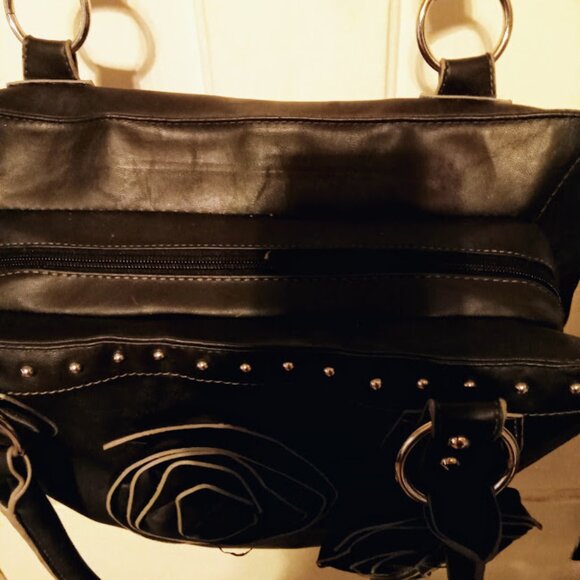 NEW Womans Black Leather Purse With Silver Studs And Rosette floral Petals - Picture 8 of 13